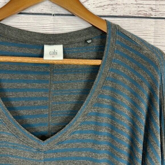 CAbi 3687 Tee Top Shirt Womens Medium Gray Blue Hybrid Stripe Boxy Stretch - Picture 4 of 9